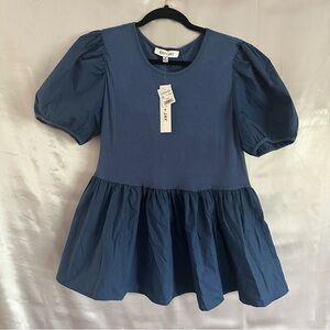 Kay + Jay Women's Top Blouse S  Balloon Sleeve Blue